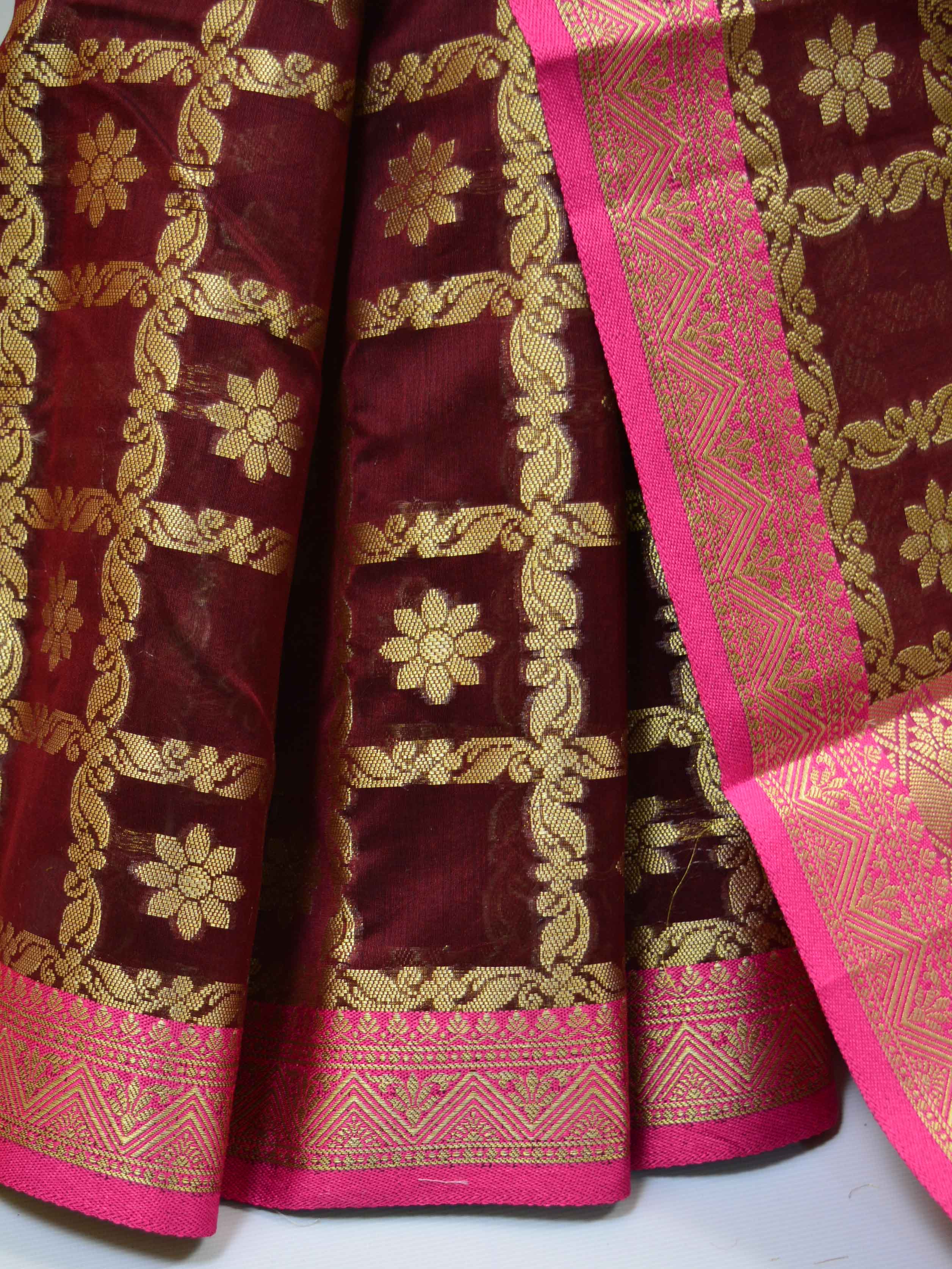 Banarasee Chanderi Cotton Saree With Pink Satin Border & Contrast Blouse-Brown