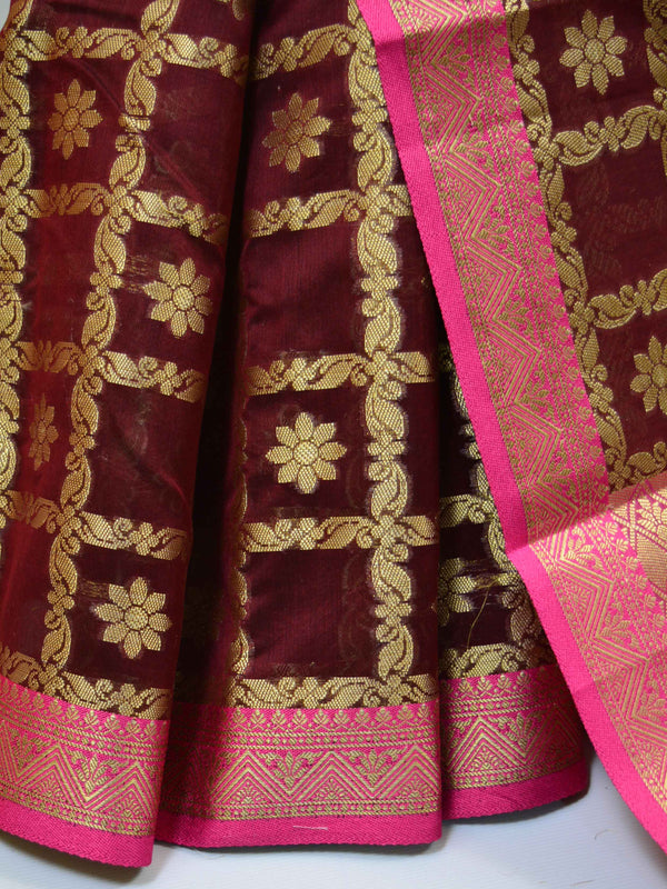 Banarasee Chanderi Cotton Saree With Pink Satin Border & Contrast Blouse-Brown