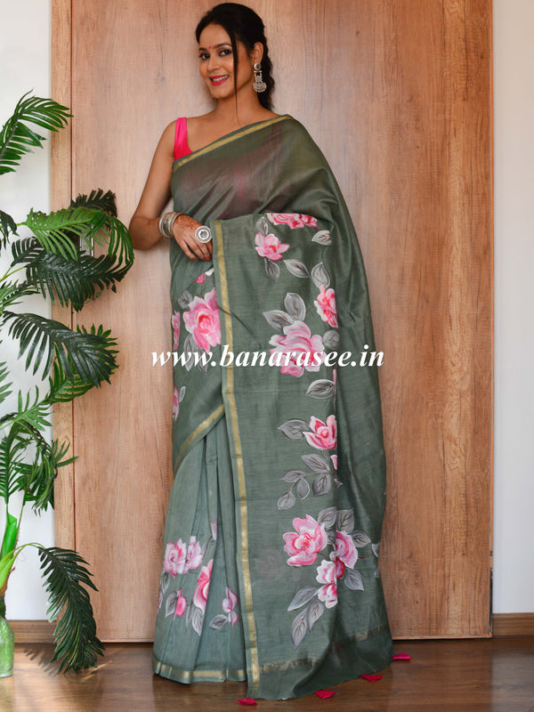 Banarasee Chanderi Handpainted Saree-Green