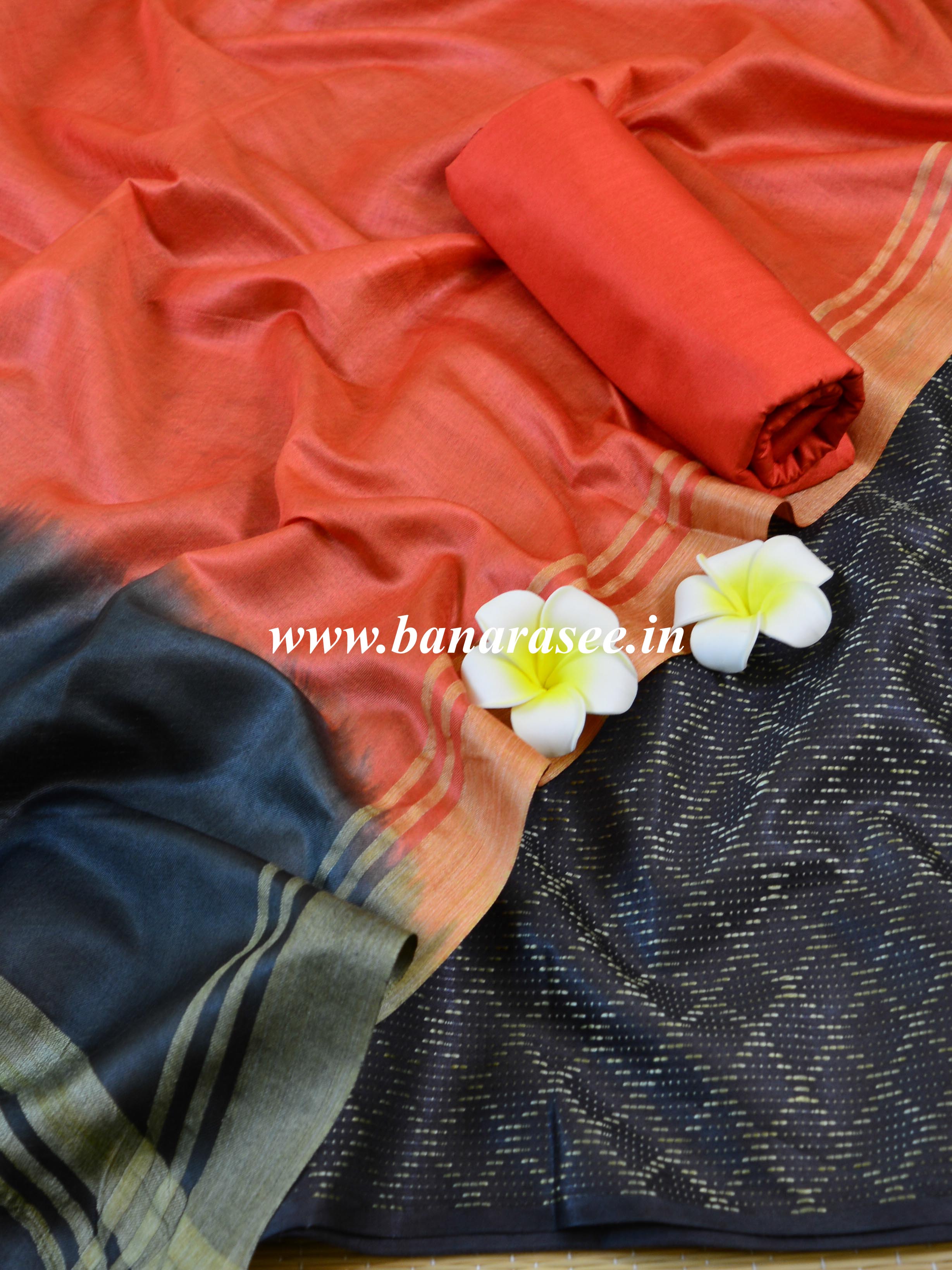 Handloom Silk Cotton Ghichha Woven Salwar Kameez Dupatta Set-Black & Rust