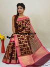 Banarasee Chanderi Cotton Saree With Pink Satin Border & Contrast Blouse-Brown