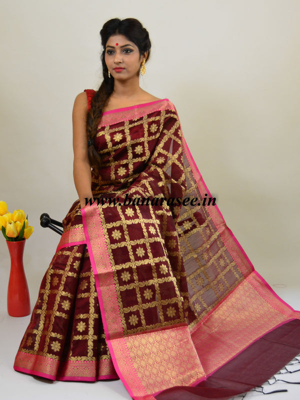 Banarasee Chanderi Cotton Saree With Pink Satin Border & Contrast Blouse-Brown