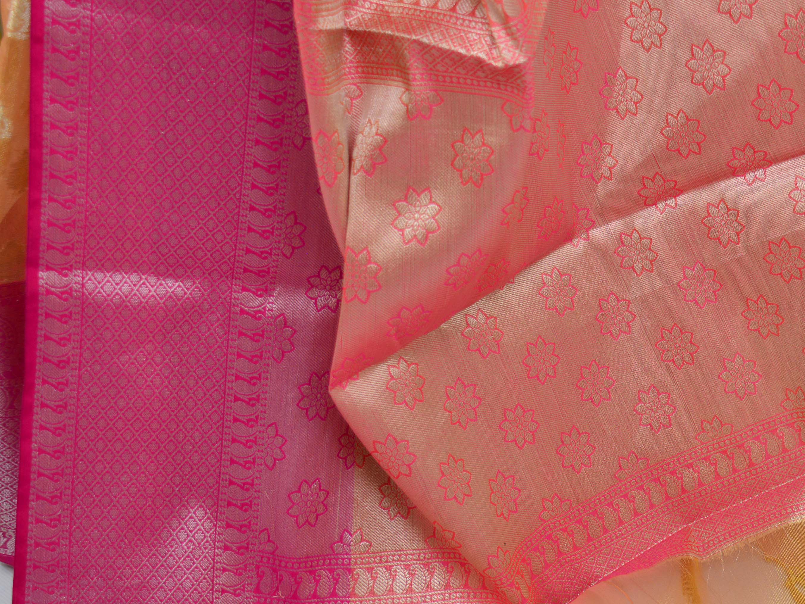 Banarasee Handwoven Broad Silver Border Tissue Saree-Peach