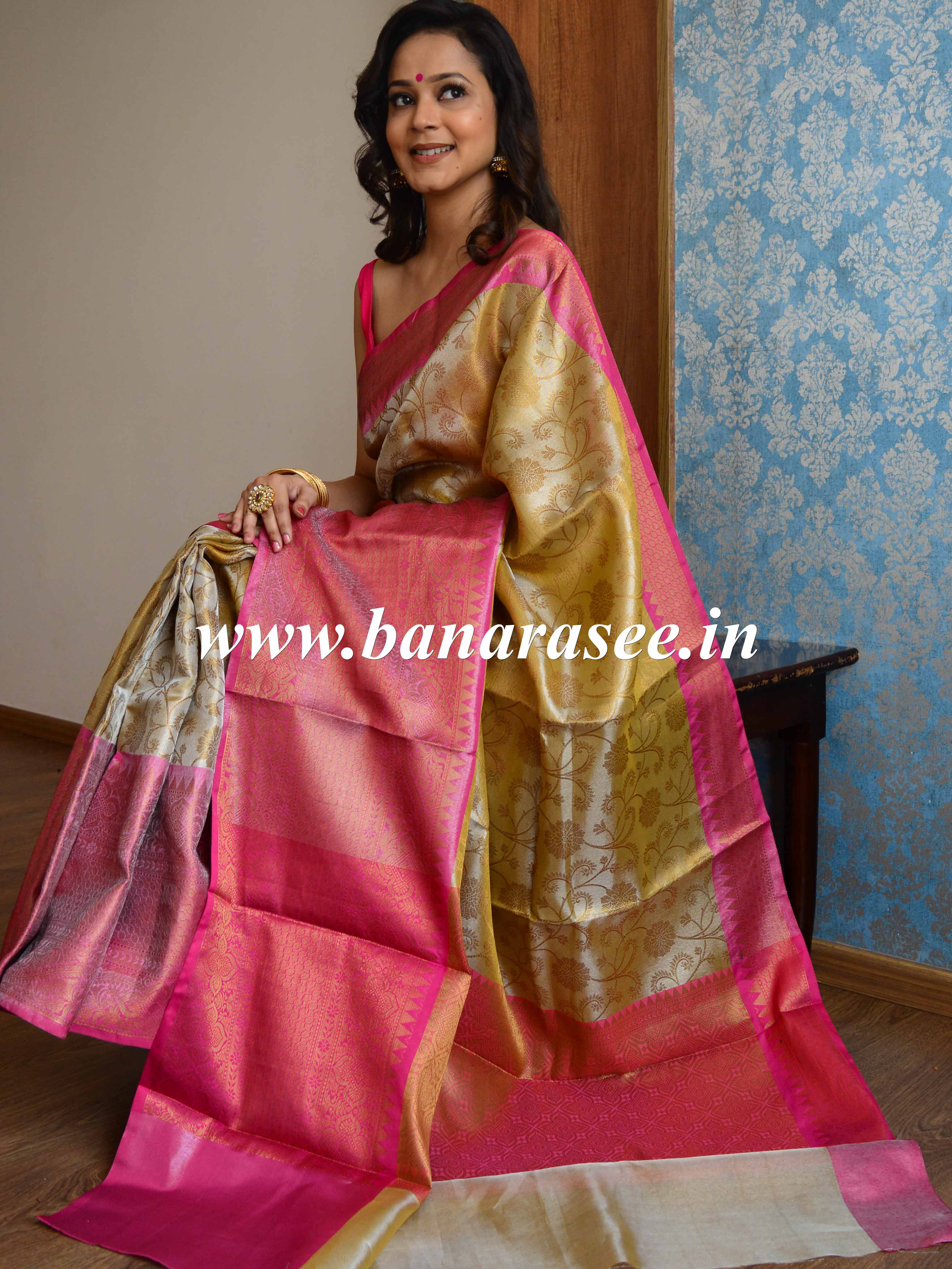 Banarasee Handwoven Broad Border Tissue Saree With Jaal Design-Gold & Pink