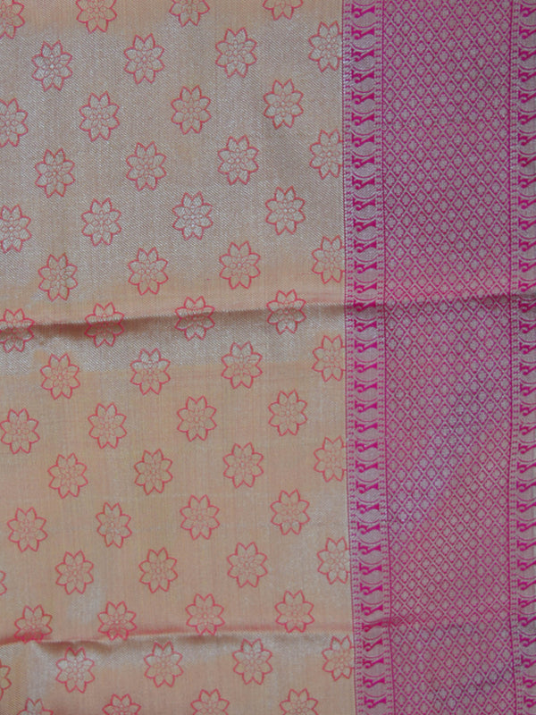 Banarasee Handwoven Broad Silver Border Tissue Saree-Peach