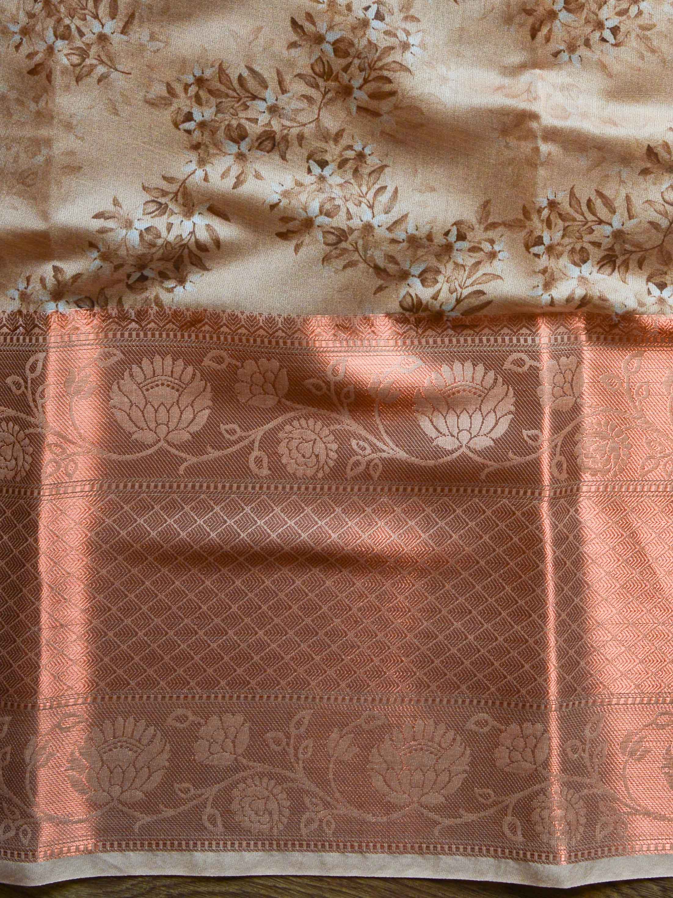 Banarasee Organza Silk Saree With Digital Floral Print & Zari Border-Beige