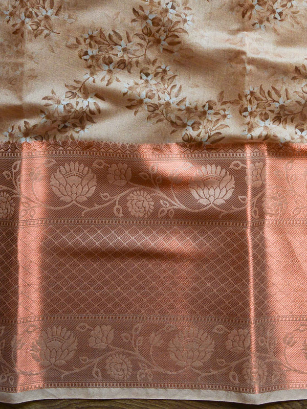 Banarasee Organza Silk Saree With Digital Floral Print & Zari Border-Beige