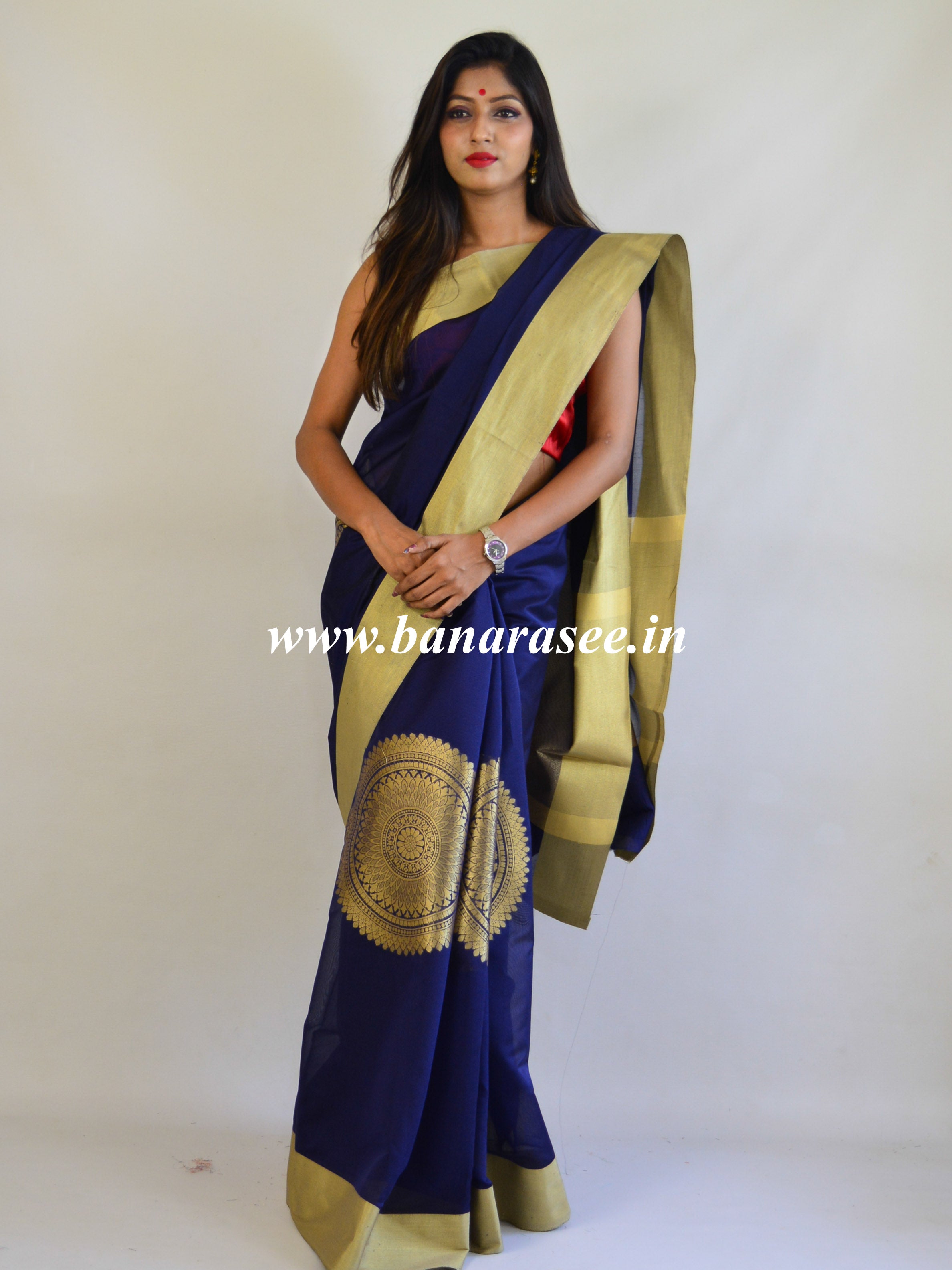 Banarasee Cotton Silk  Saree With Chakra Design & Zari Border-Deep Blue