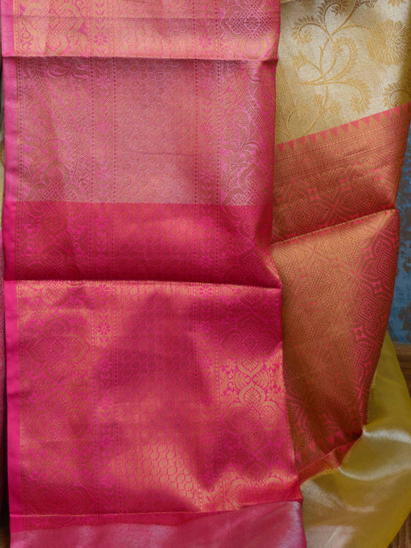 Banarasee Handwoven Broad Border Tissue Saree With Jaal Design-Gold & Pink