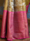 Banarasee Handwoven Broad Border Tissue Saree With Jaal Design-Gold & Pink