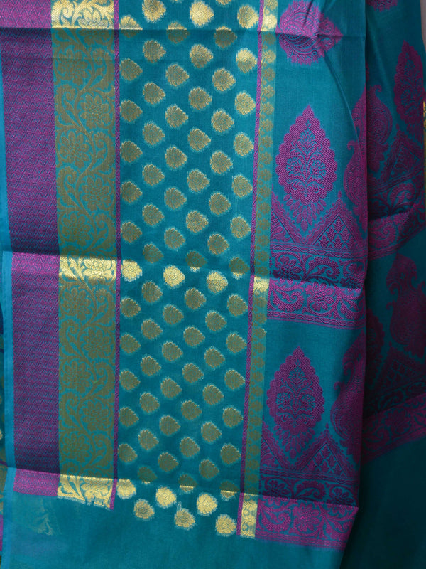 Banarasee Cotton Mix Saree With Zari & Resham Design-Blue
