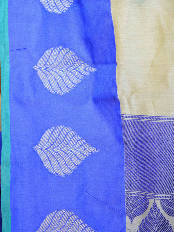 Banarasee Pure Soft Cotton Saree With Blue Leaf Motif Border- Off-White