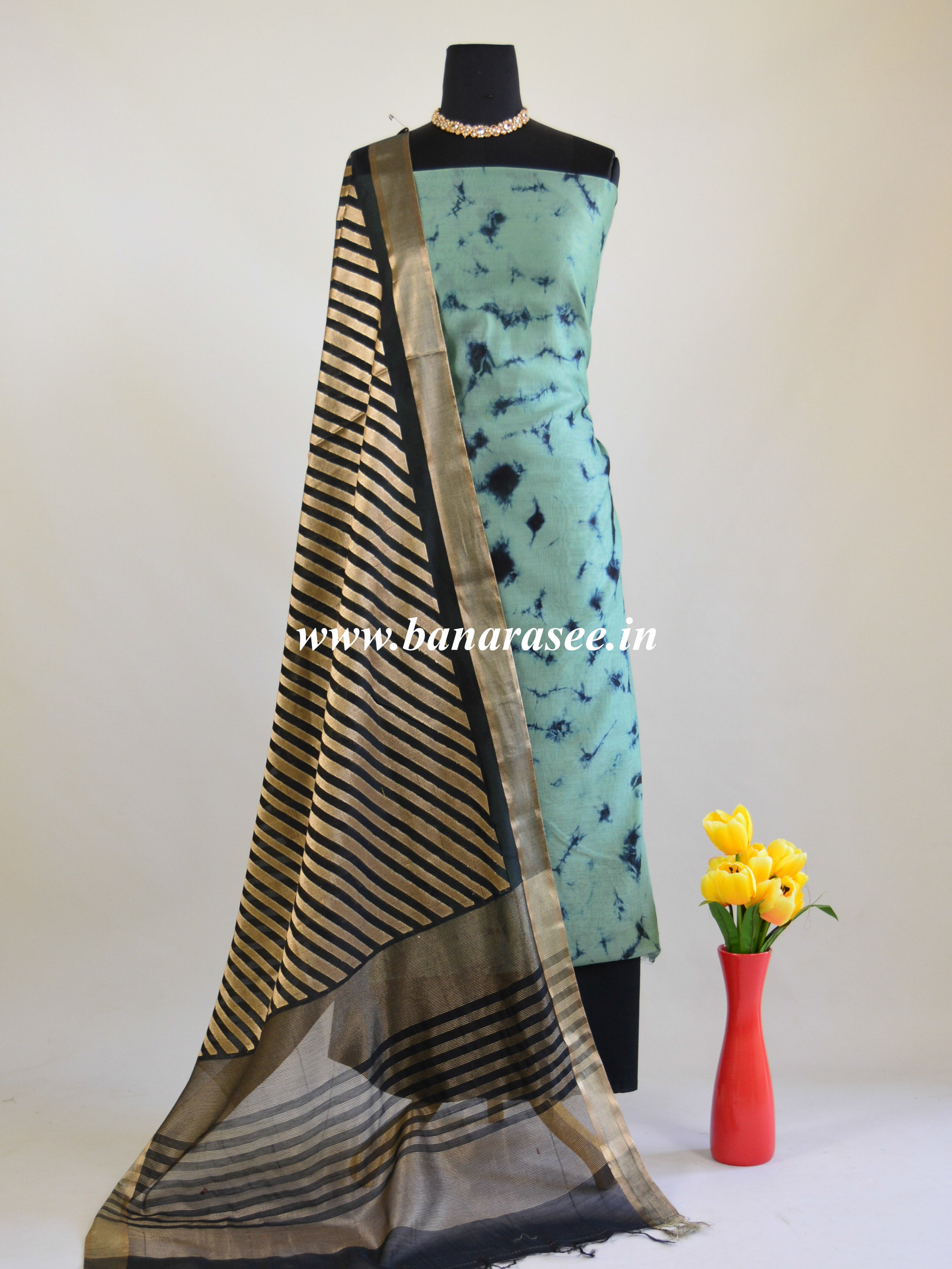 Banarasee Shibori Dyed Chanderi Salwar Kameez Fabric With Contrast Zari Dupatta-Pastel Blue& Black