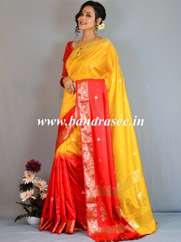 Banarasee Faux Georgette Saree With Gold Zari work & Dual Color-Red & Yellow