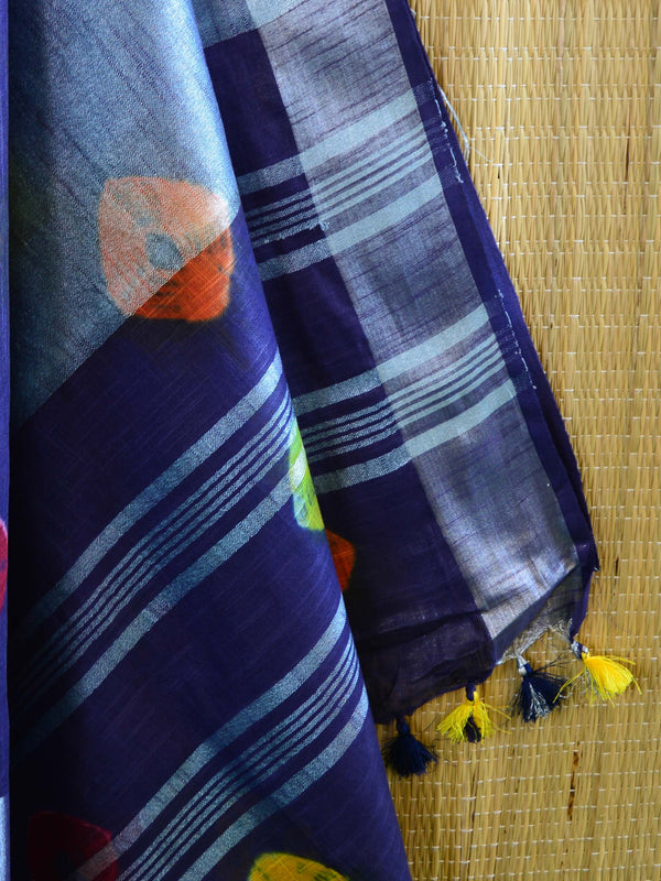 Bhagalpur Handloom Pure Linen Cotton Hand-Dyed Multicolor Bandhej Saree-Deep Blue