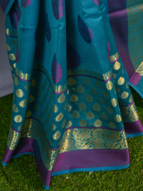 Banarasee Cotton Mix Saree With Zari & Resham Design-Blue