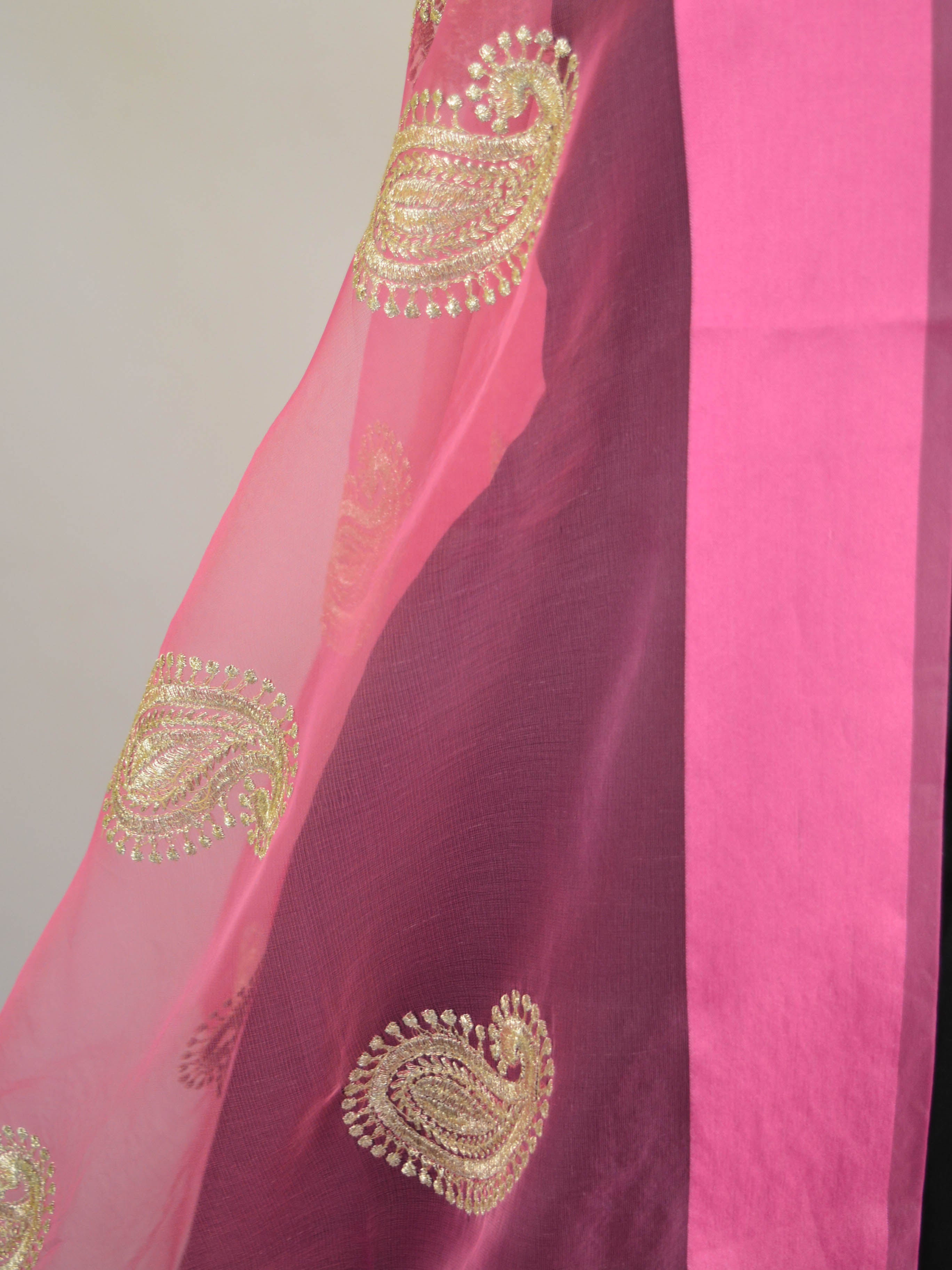 Banarasee Embroidered Silver Paisley Design Organza Dupatta-Pink