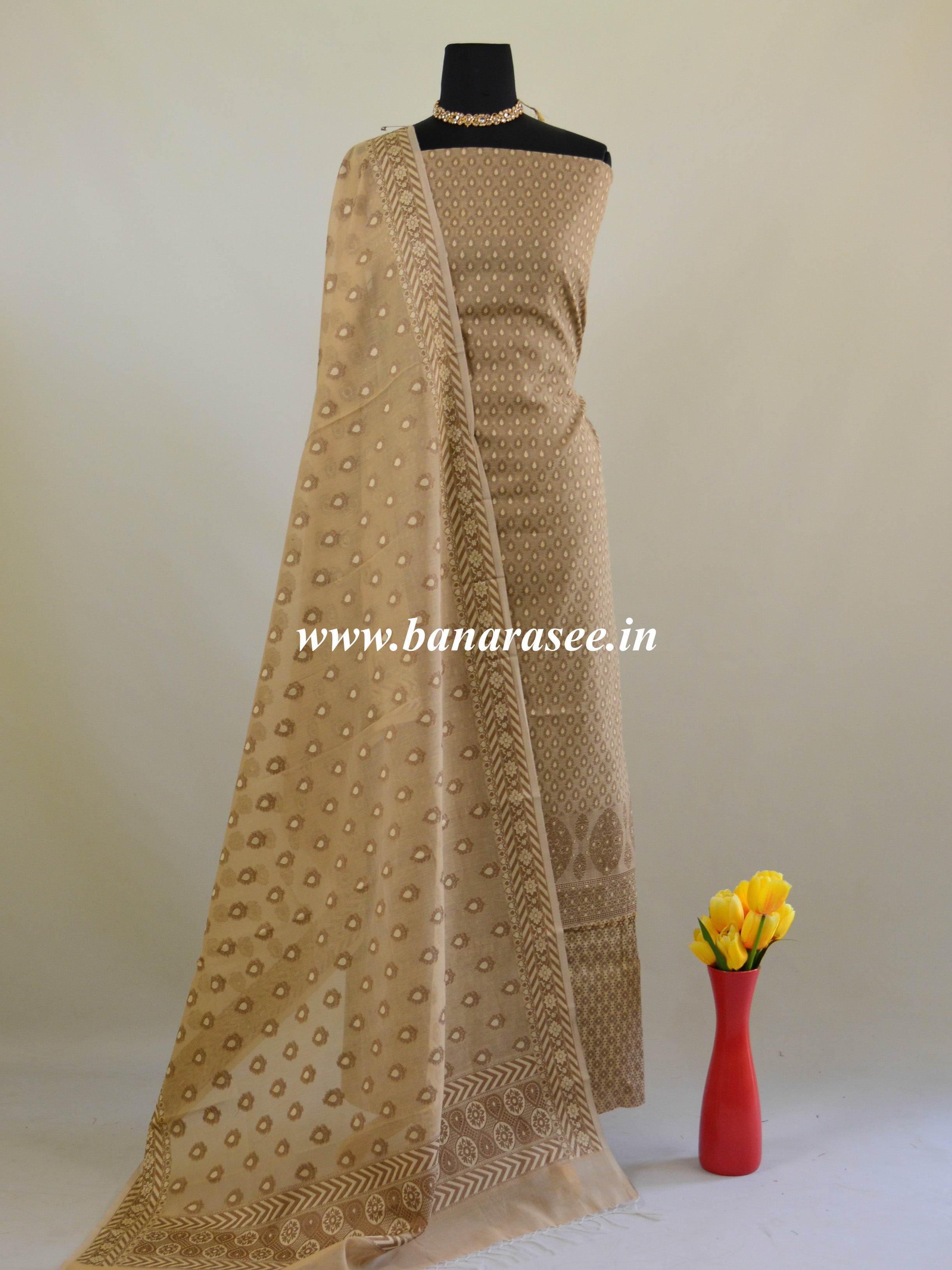 Banarasee Salwar Kameez Cotton Silk Resham Buti Woven Fabric-Beige