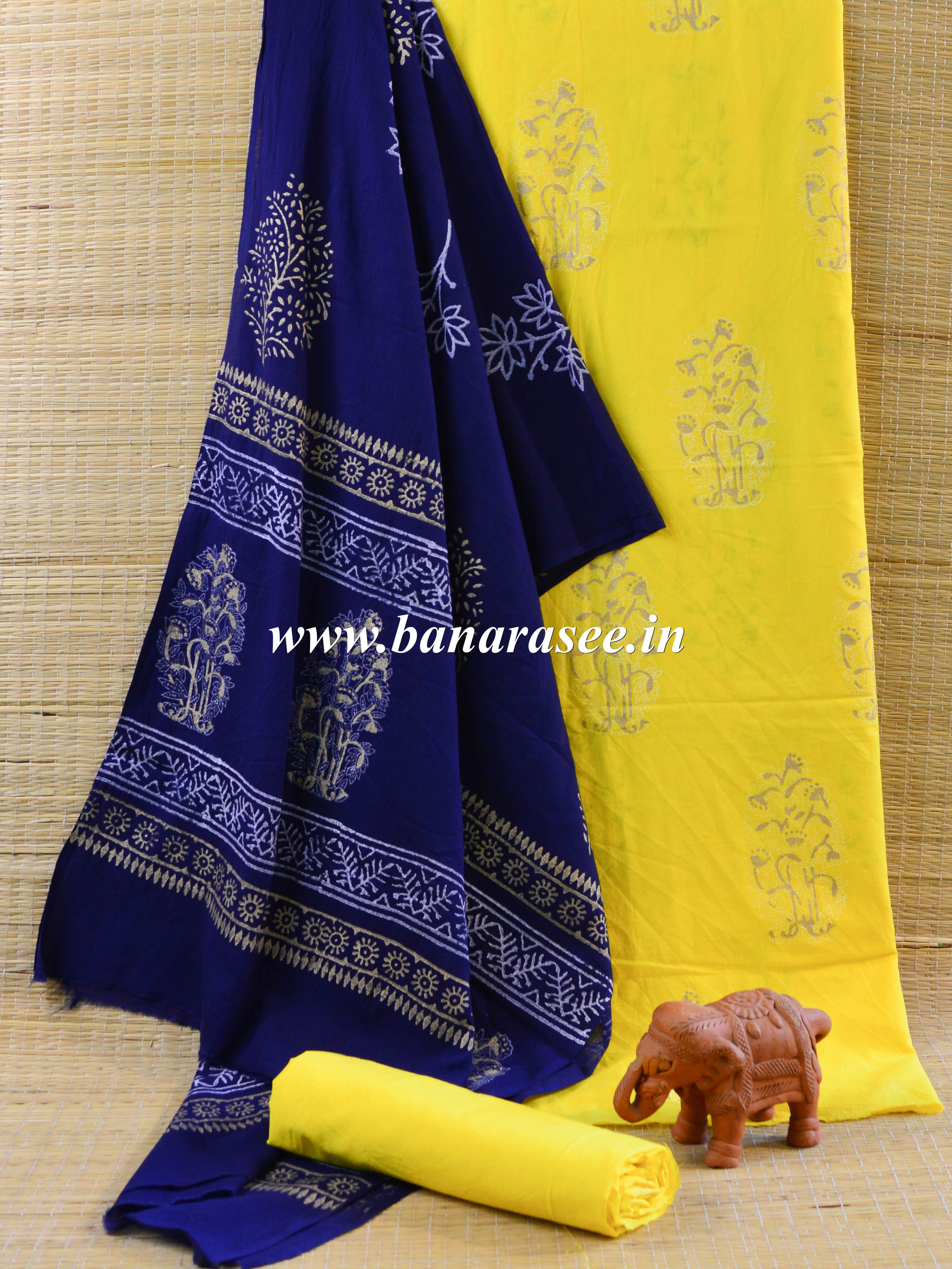 Handloom Mul Cotton Handblock Printed Suit Set-Yellow & Blue
