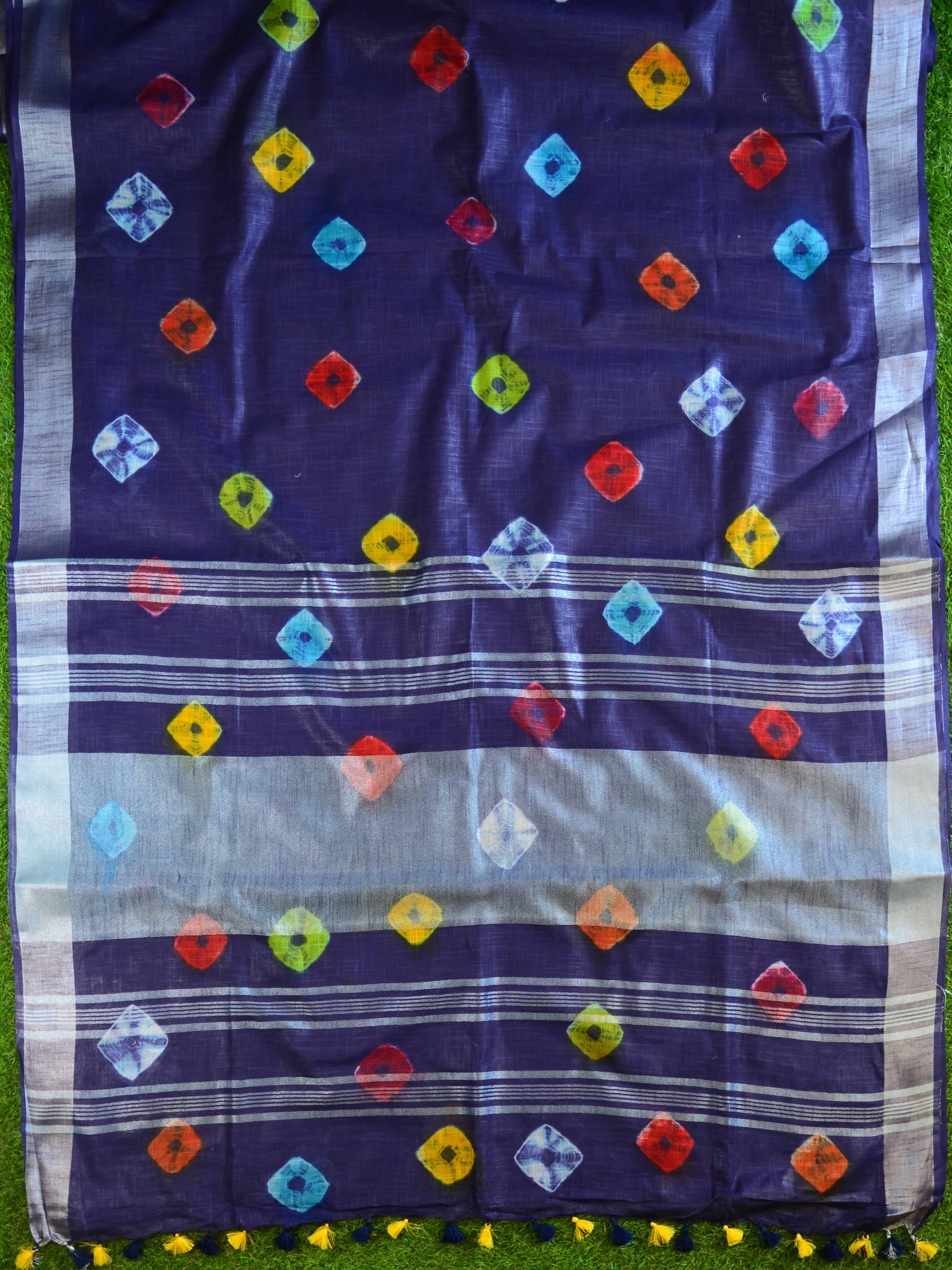 Bhagalpur Handloom Pure Linen Cotton Hand-Dyed Multicolor Bandhej Saree-Deep Blue