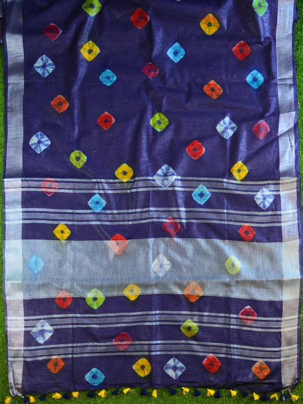 Bhagalpur Handloom Pure Linen Cotton Hand-Dyed Multicolor Bandhej Saree-Deep Blue