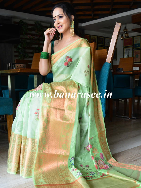 Banarasee Organza Silk Saree With Digital Floral Print & Zari Border-Light Green