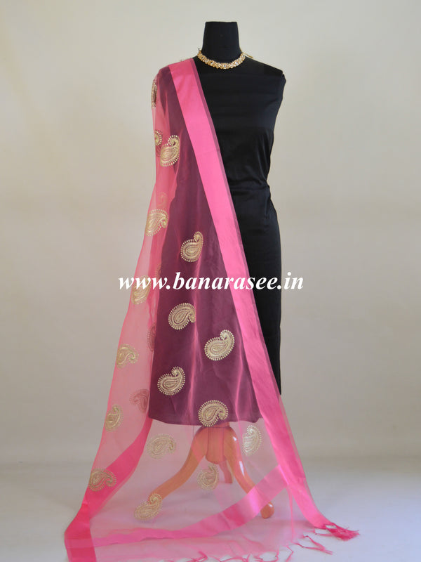 Banarasee Embroidered Silver Paisley Design Organza Dupatta-Pink