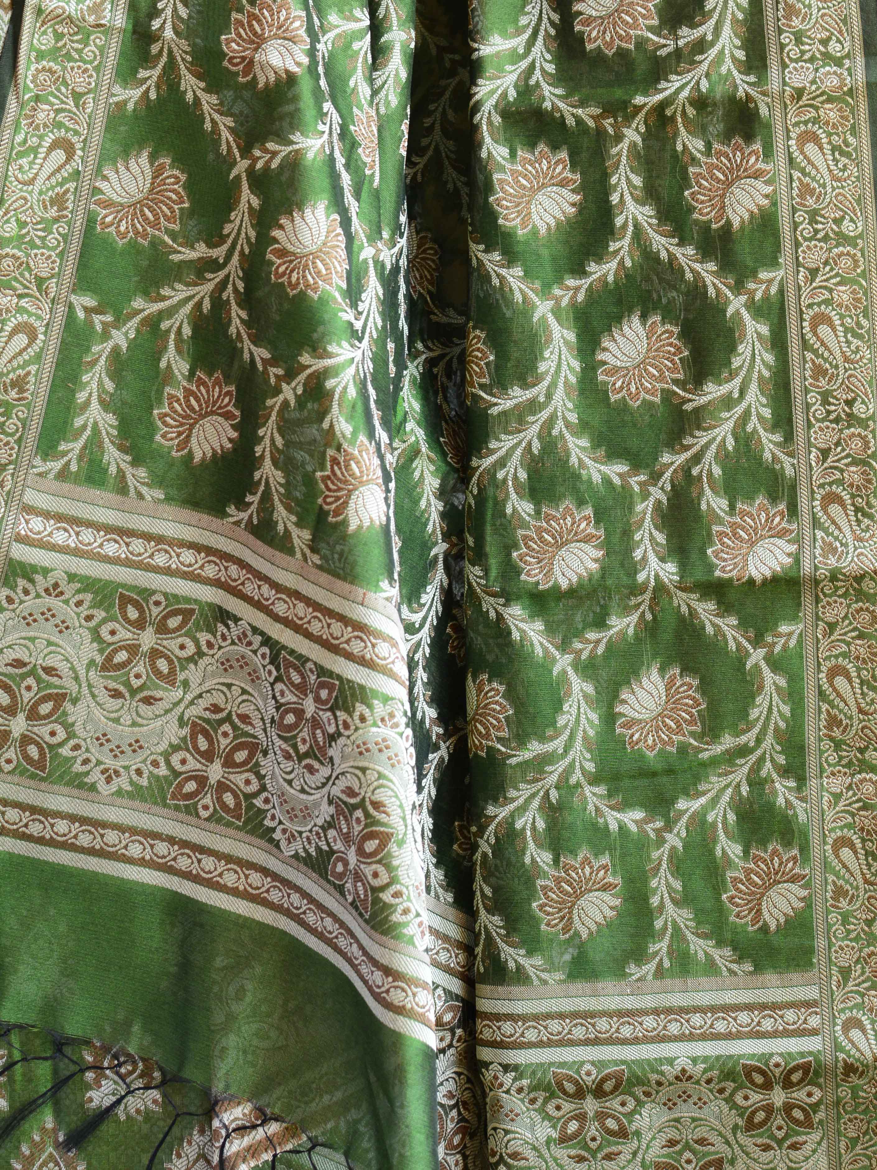 Banarasee Salwar Kameez Cotton Silk Resham Buti Woven Fabric-Olive Green