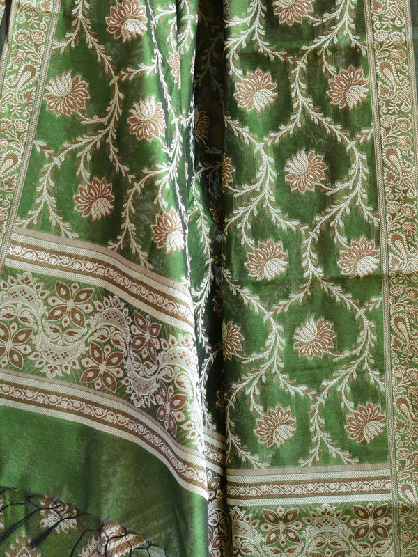 Banarasee Salwar Kameez Cotton Silk Resham Buti Woven Fabric-Olive Green