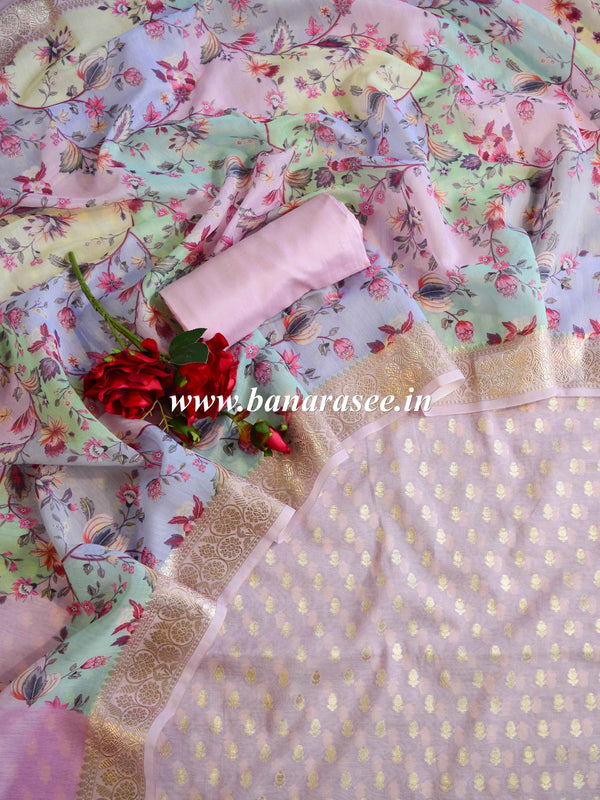 Banarasee Chanderi Cotton Zari Buti Salwar Kameez Fabric With Digital Print Dupatta-Pink