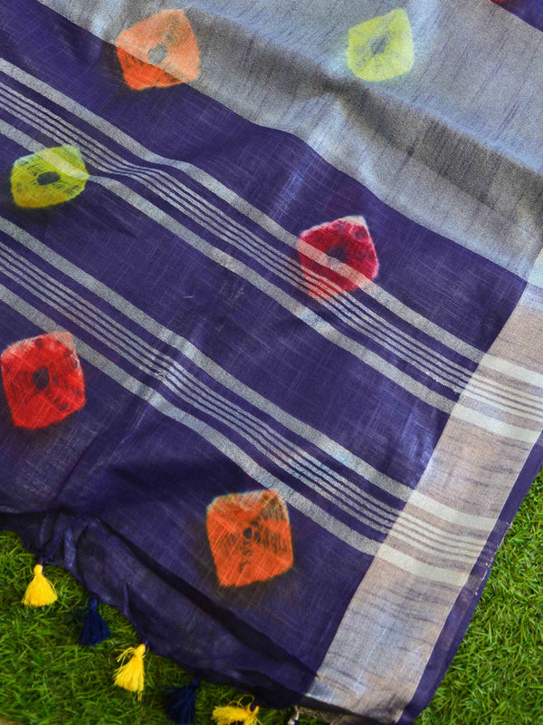 Bhagalpur Handloom Pure Linen Cotton Hand-Dyed Multicolor Bandhej Saree-Deep Blue