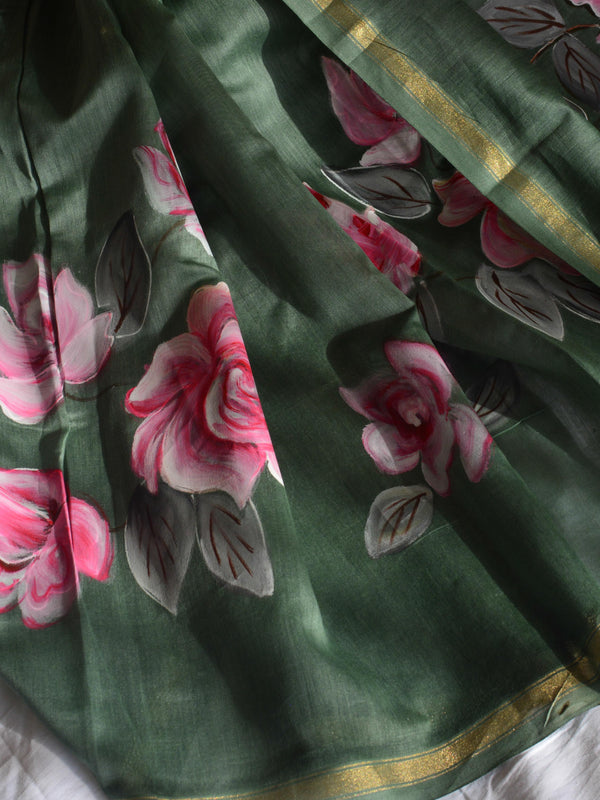 Banarasee Chanderi Handpainted Saree-Green