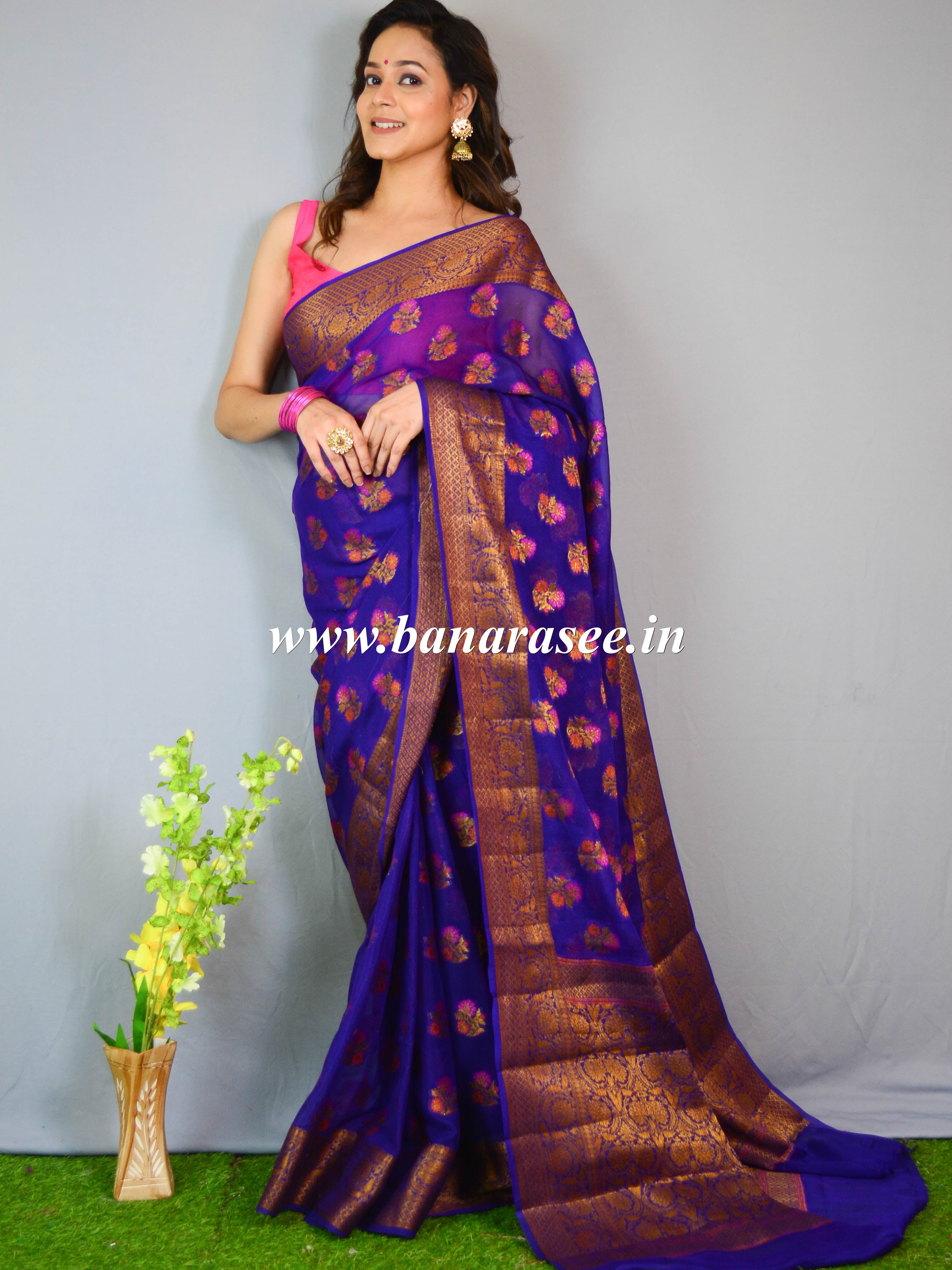 Banarasee Pure Chiffon Saree With Resham & Zari Work-Purple