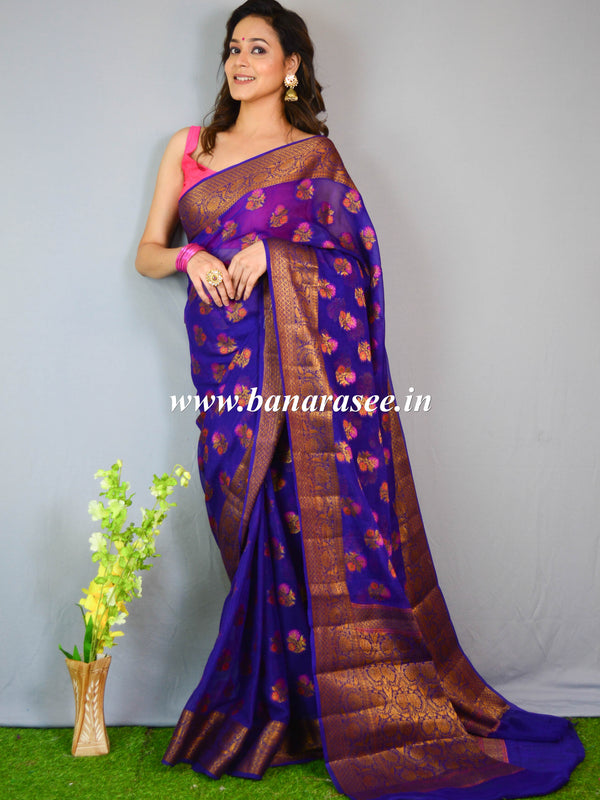 Banarasee Pure Chiffon Saree With Resham & Zari Work-Purple