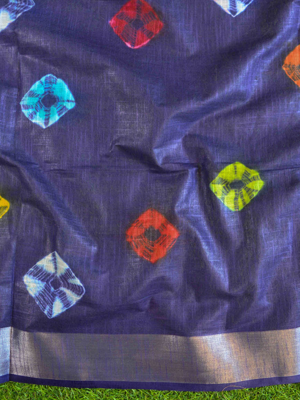 Bhagalpur Handloom Pure Linen Cotton Hand-Dyed Multicolor Bandhej Saree-Deep Blue