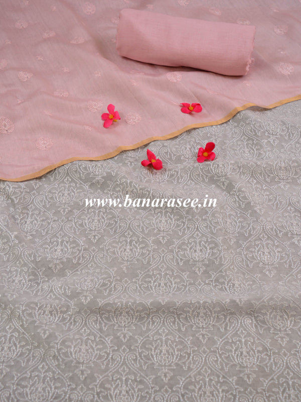 Chikankari Handloom Chanderi Cotton Salwar Kameez Set-Grey & Pink