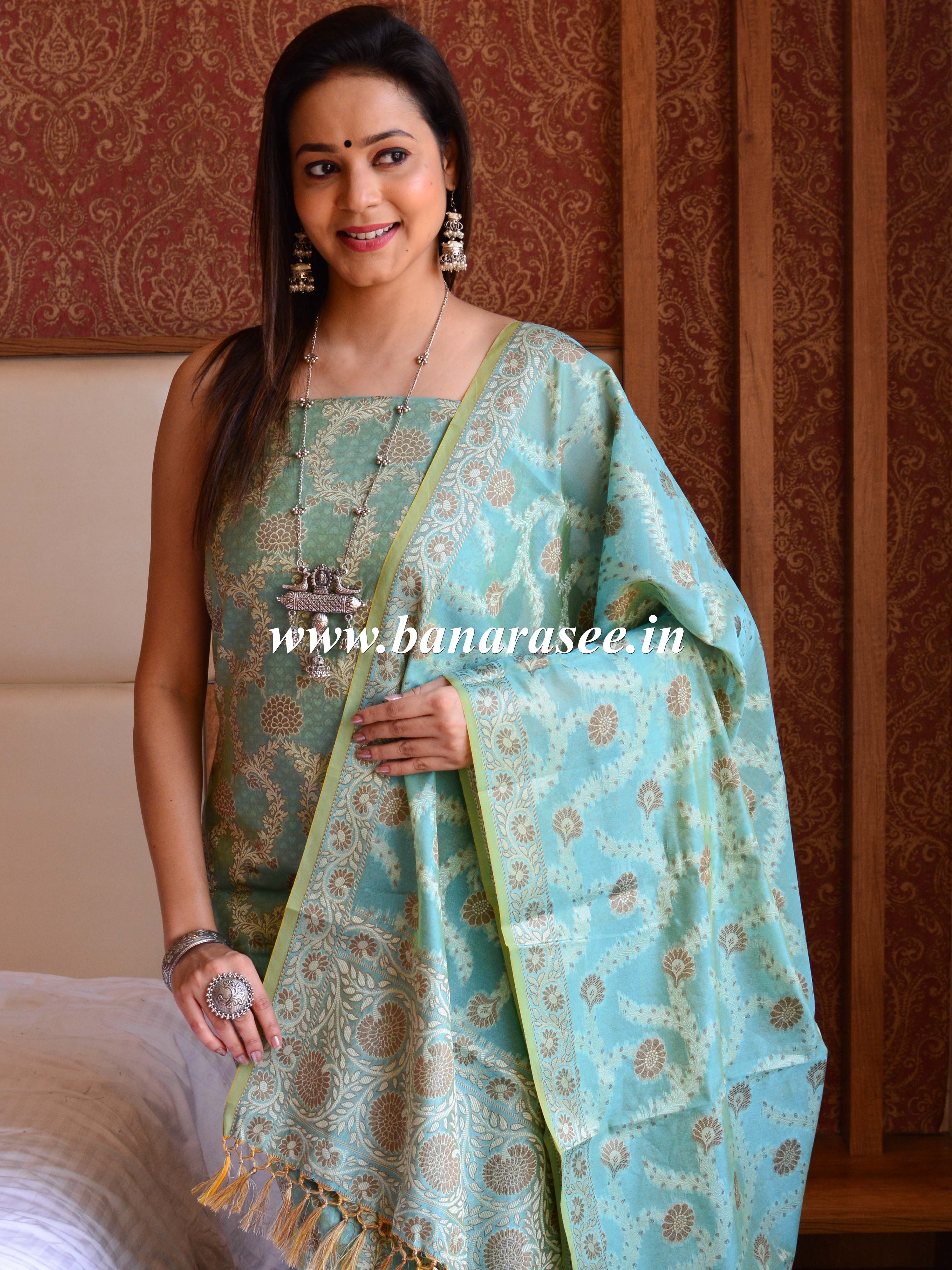 Banarasee Salwar Kameez Cotton Silk Resham Buti Woven Fabric-Sky Blue