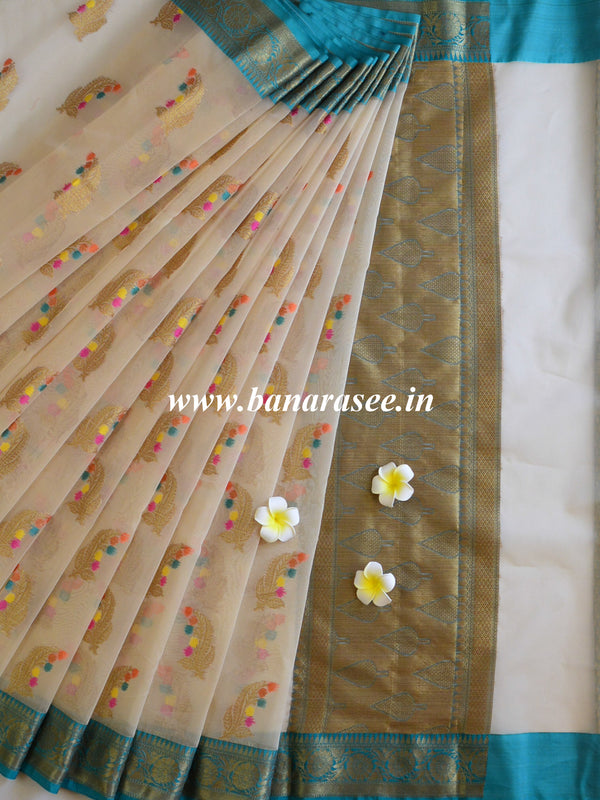 Banarasee Organza Saree With Antique Teal Border-Beige