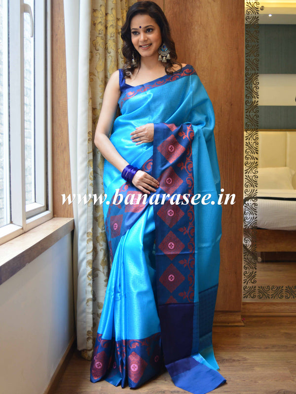 Banarasee Kora Muslin Saree With Buta Design & Skirt Border-Blue