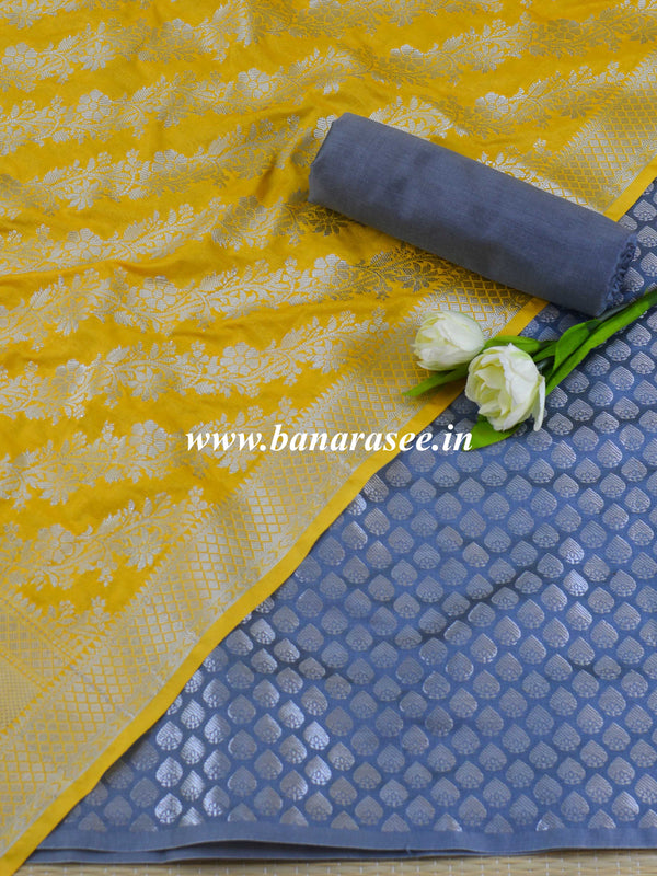 Banarasee Semi Silk Salwar Kameez Fabric & Dupatta With Silver Zari-Grey & Yellow