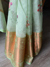 Banarasee Organza Silk Saree With Digital Floral Print & Zari Border-Light Green