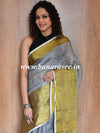 Banarasee Handloom Pure Linen Saree With Zari Border-Grey