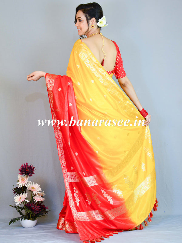 Banarasee Faux Georgette Saree With Gold Zari work & Dual Color-Red & Yellow