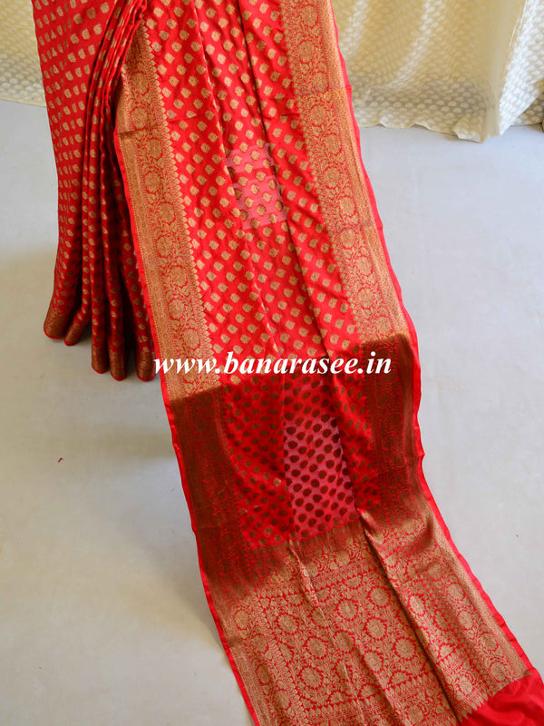 Banarasee Faux Georgette Saree With Antique Gold Zari work-Red