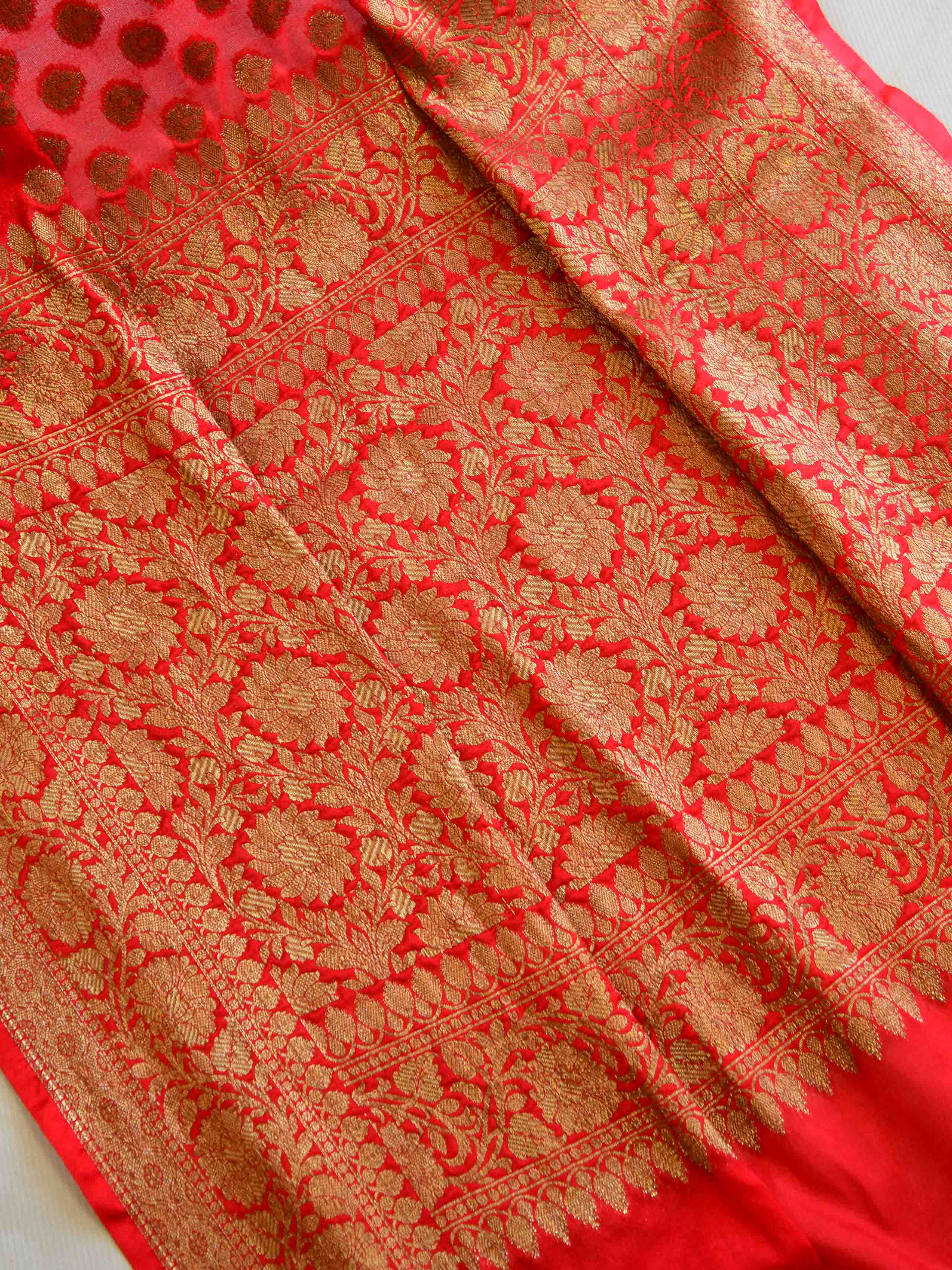 Banarasee Faux Georgette Saree With Antique Gold Zari work-Red