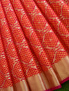 Banarasee Kora Muslin Tanchoi Weave Saree With Jaal Design-Red