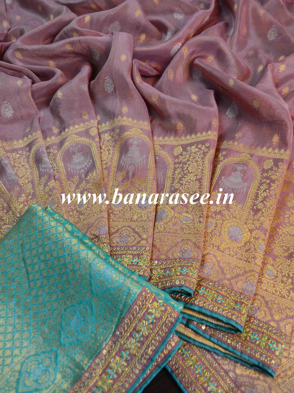 Banarasee Handwoven Semi-Katan Zari Work Saree With Blue Embroidered Blouse-Onion Pink