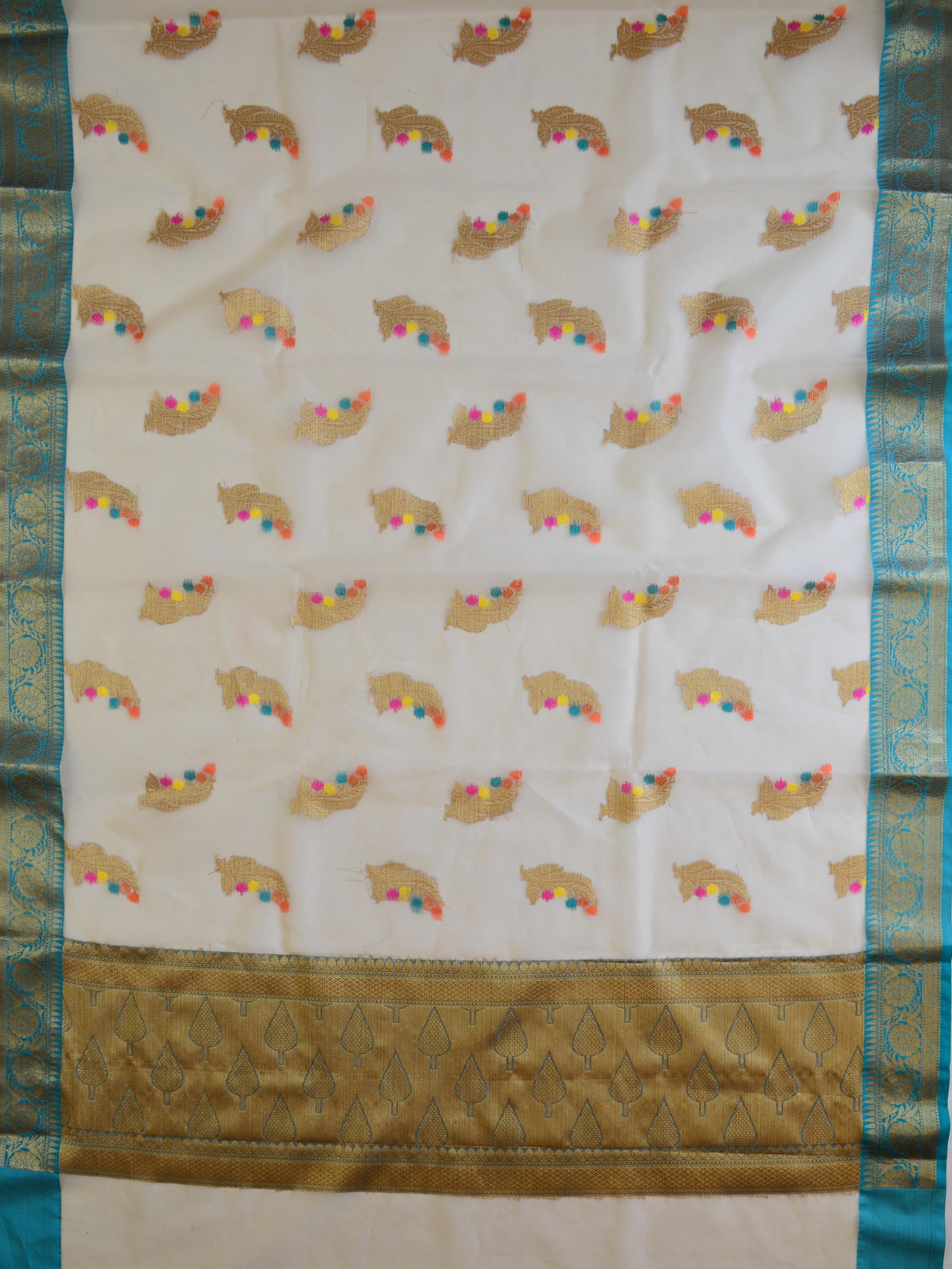 Banarasee Organza Saree With Antique Teal Border-Beige