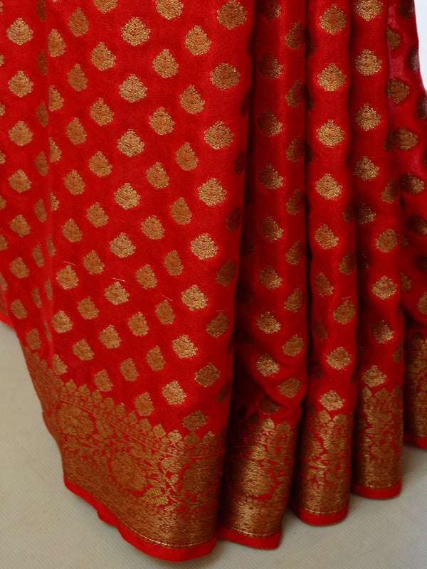 Banarasee Faux Georgette Saree With Antique Gold Zari work-Red