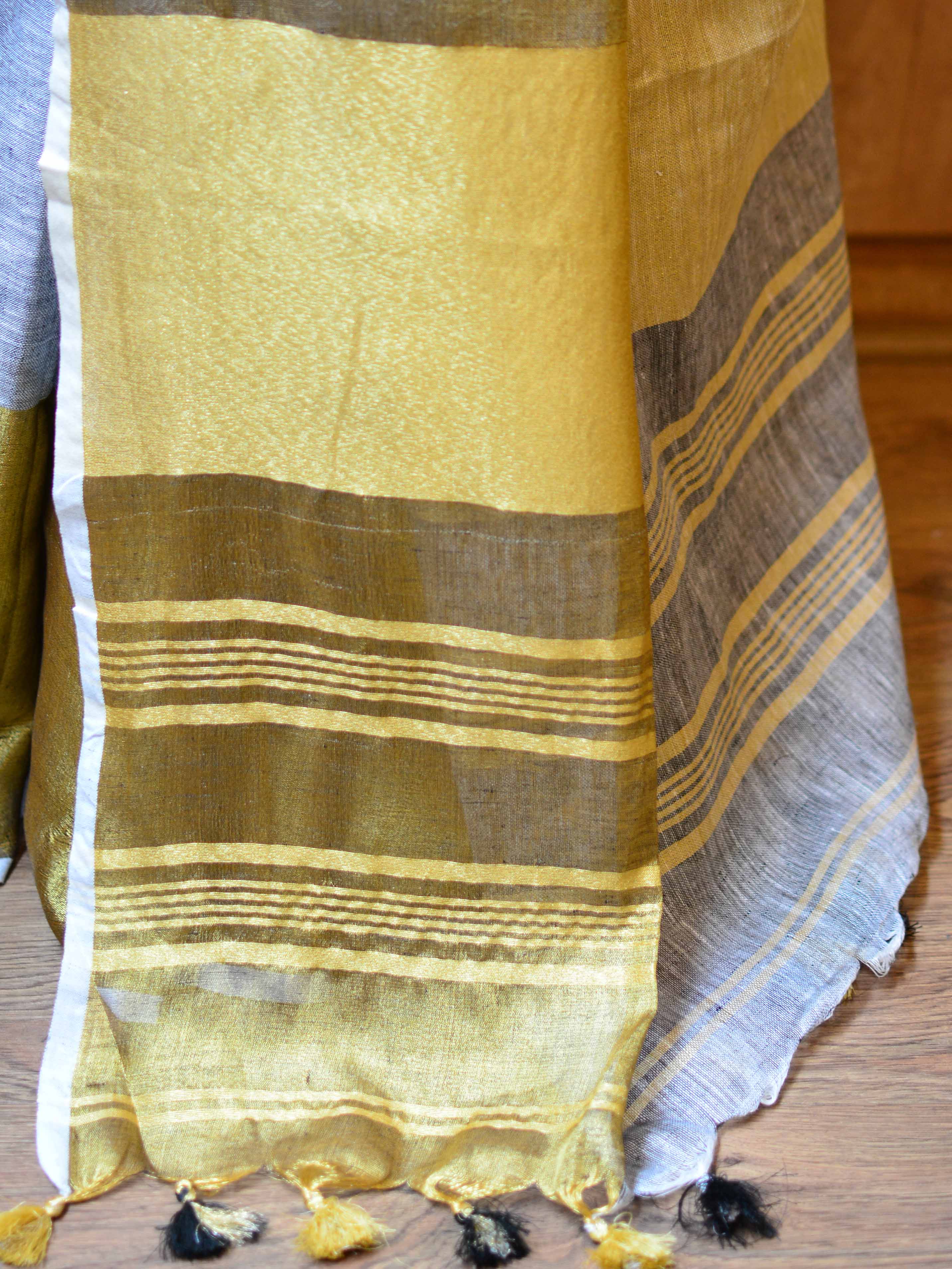 Banarasee Handloom Pure Linen Saree With Zari Border-Grey